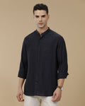 Cartivo™ Men's Navy Blue Mandarin Collar Casual Shirt | Premium Solid Full Sleeve Linen Blend Regular Fit Shirt