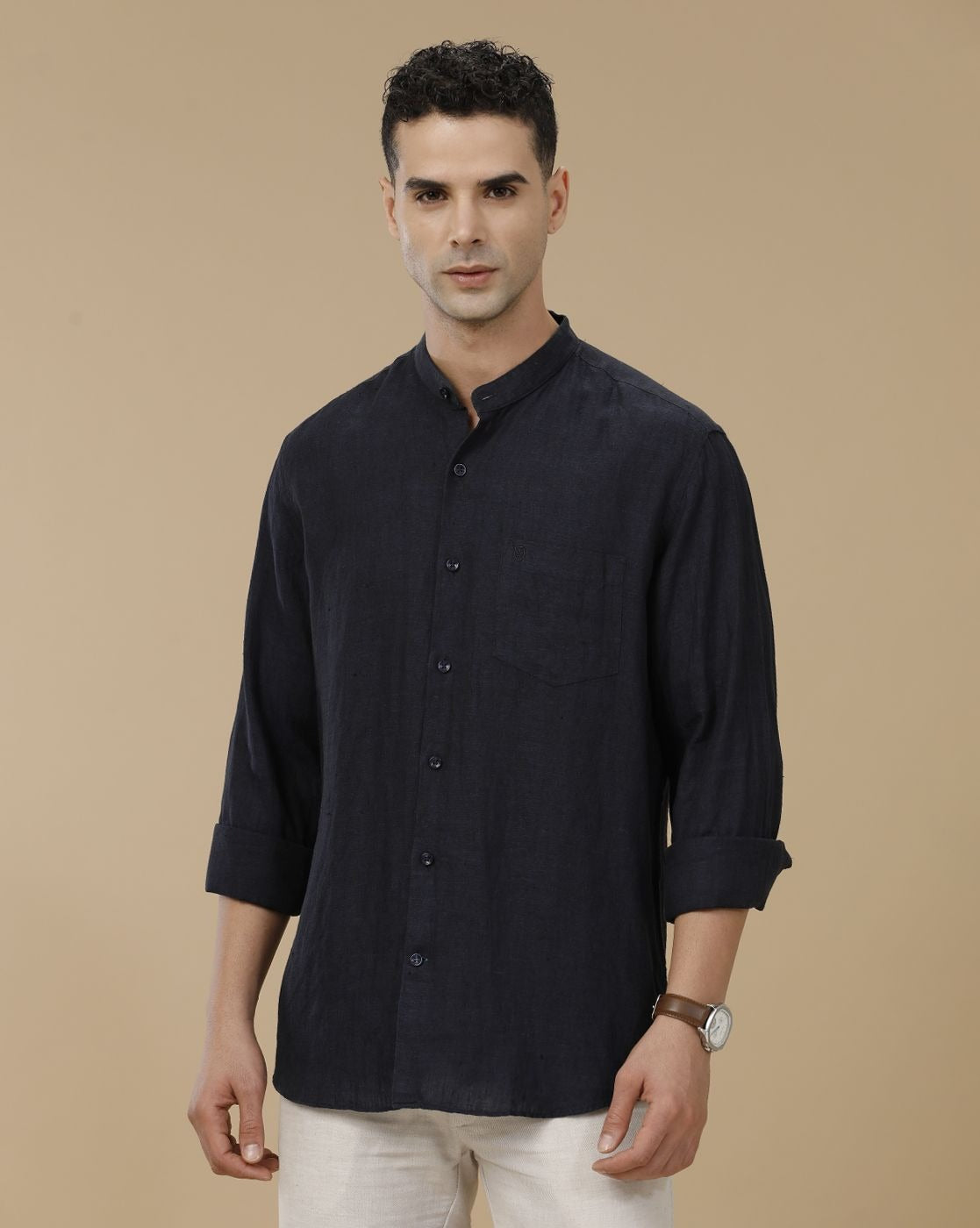 Cartivo™ Men's Navy Blue Mandarin Collar Casual Shirt | Premium Solid Full Sleeve Linen Blend Regular Fit Shirt