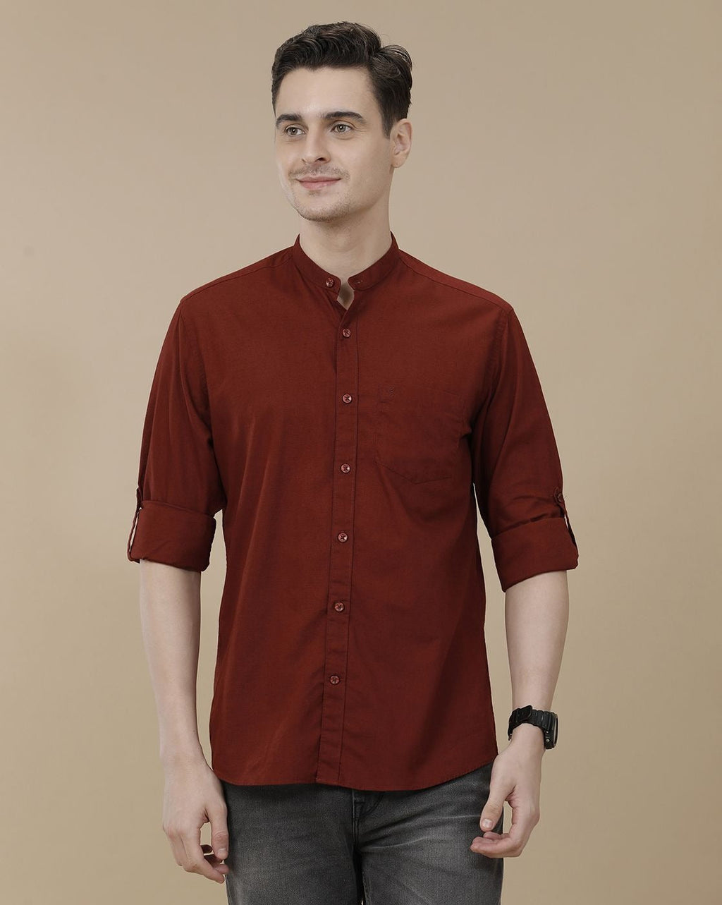 Cartivo™ Men's Maroon Mandarin Collar Casual Shirt | Premium Solid Full Sleeve Cotton Blend Shirt
