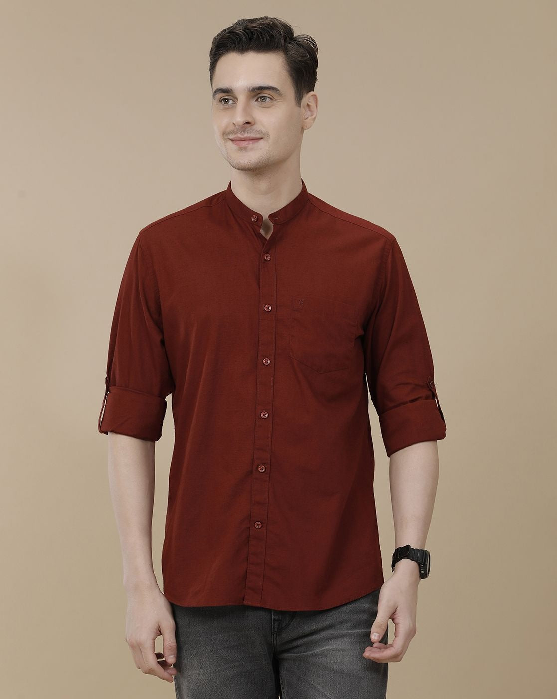 Cartivo™ Men's Maroon Mandarin Collar Casual Shirt | Premium Solid Full Sleeve Cotton Blend Shirt
