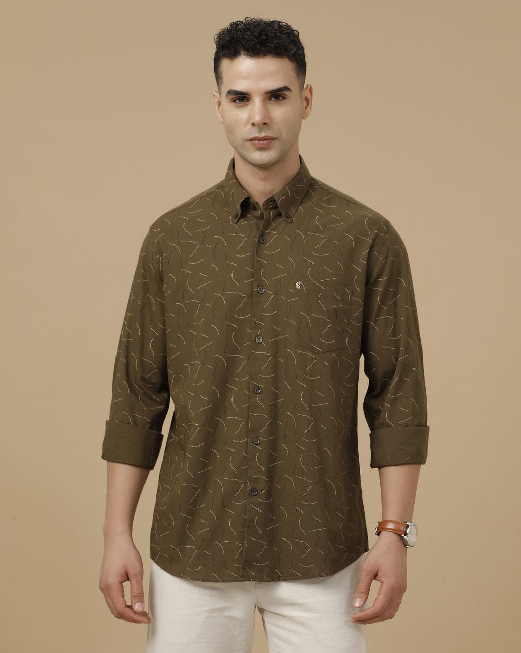 Cartivo™ Men's Olive Green Printed Casual Shirt | Premium Full Sleeve Regular Fit Cotton Blend Shirt