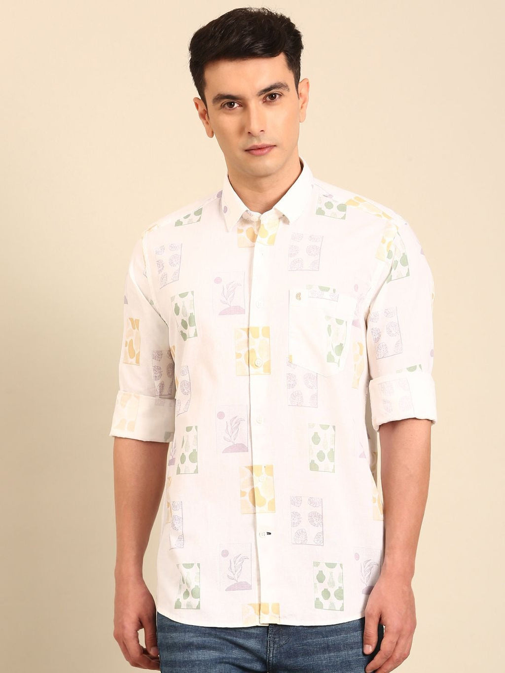 Cartivo™ Men's White Abstract Printed Casual Shirt | Premium Full Sleeve Regular Fit Cotton Blend Shirt