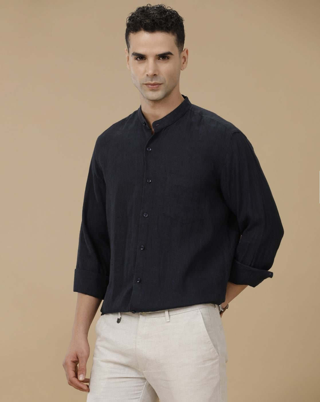 Cartivo™ Men's Navy Blue Mandarin Collar Casual Shirt | Premium Solid Full Sleeve Linen Blend Regular Fit Shirt