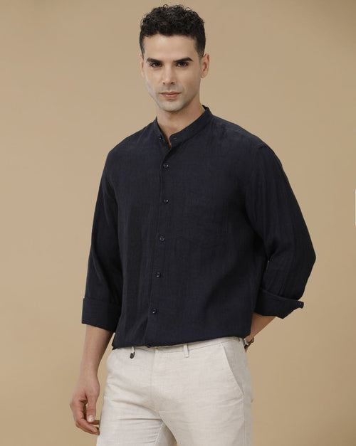 Cartivo™ Men's Navy Blue Mandarin Collar Casual Shirt | Premium Solid Full Sleeve Linen Blend Regular Fit Shirt