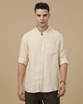 Cartivo™ Men's Beige Mandarin Collar Casual Shirt | Premium Solid Full Sleeve Linen Blend Regular Fit Shirt