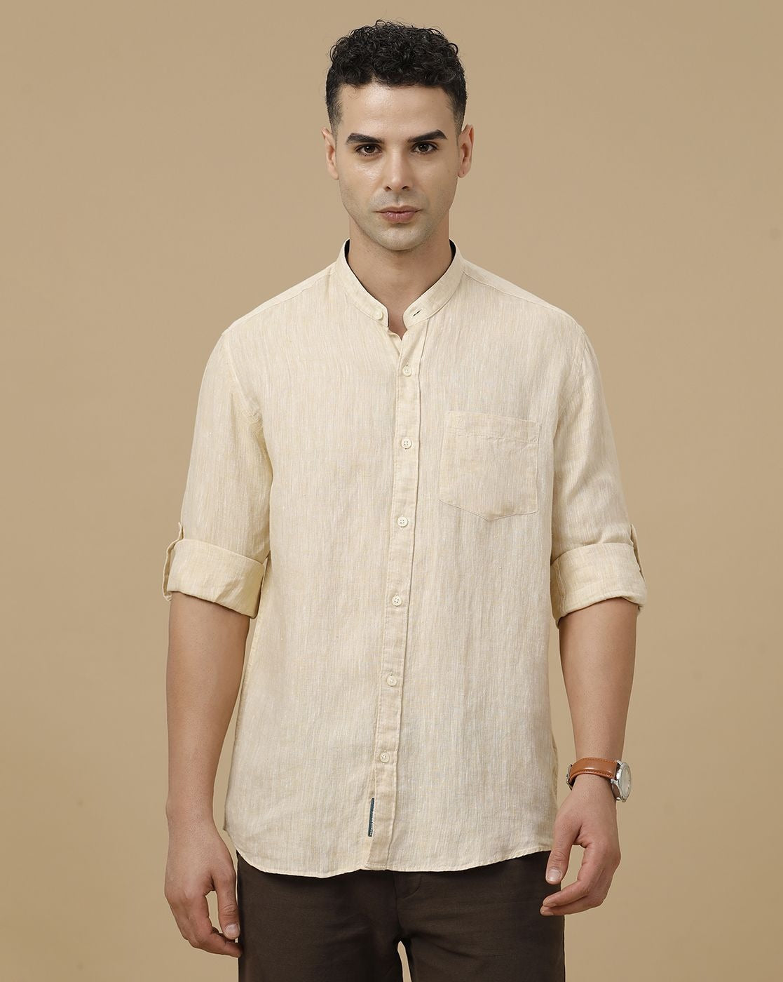 Cartivo™ Men's Beige Mandarin Collar Casual Shirt | Premium Solid Full Sleeve Linen Blend Regular Fit Shirt