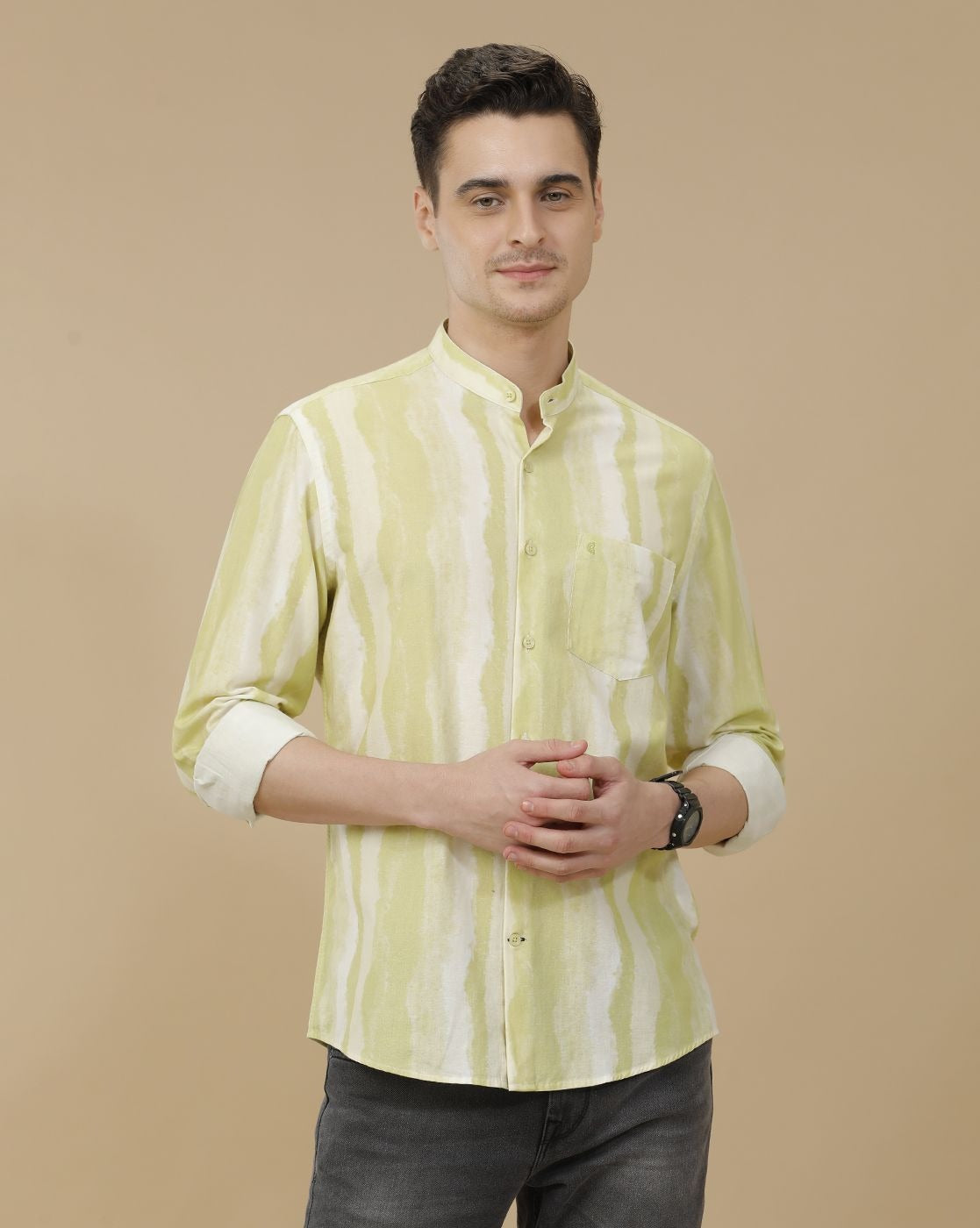 Cartivo™ Men's Pistachio Green Tie-Dye Mandarin Collar Casual Shirt | Premium Printed Full Sleeve Cotton Blend Regular Fit Shirt