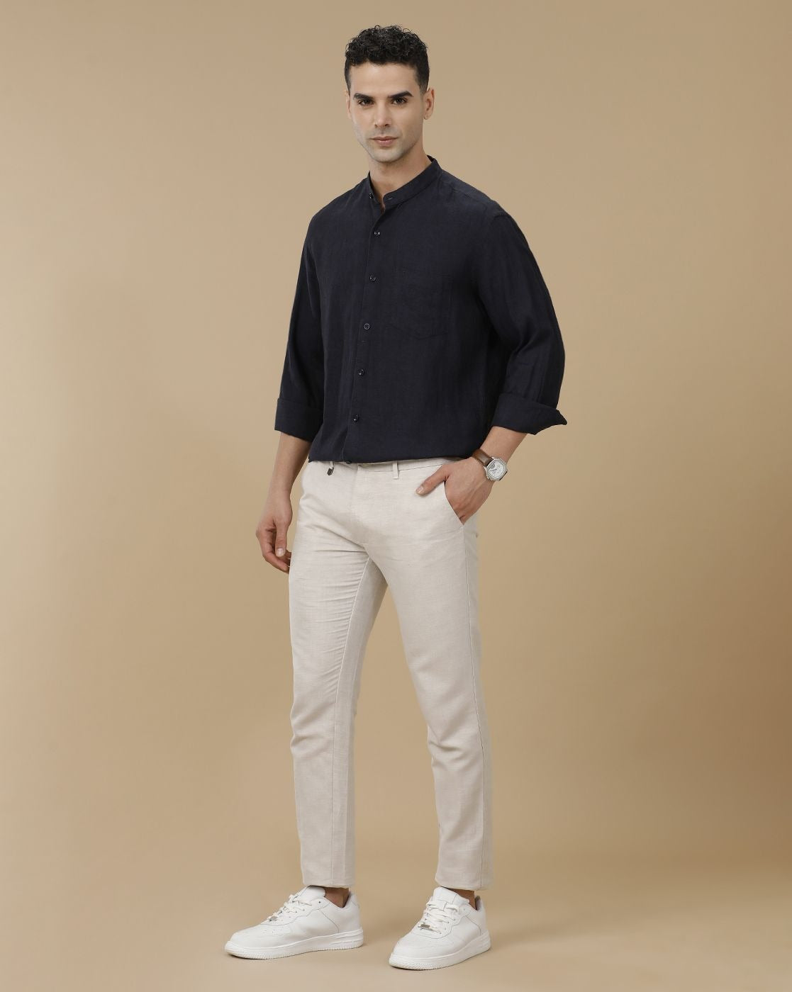Cartivo™ Men's Navy Blue Mandarin Collar Casual Shirt | Premium Solid Full Sleeve Linen Blend Regular Fit Shirt