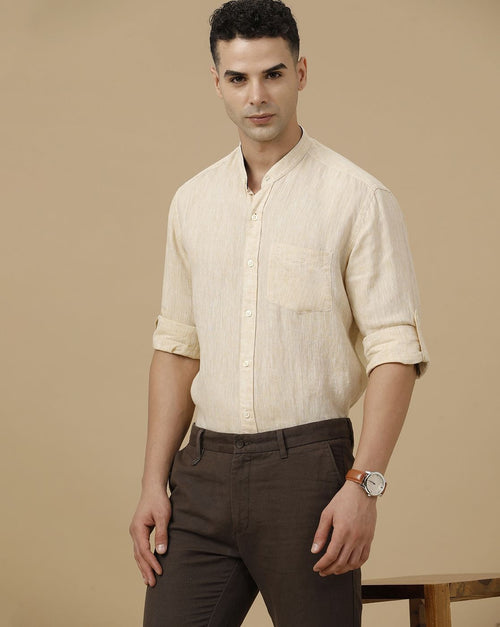 Cartivo™ Men's Beige Mandarin Collar Casual Shirt | Premium Solid Full Sleeve Linen Blend Regular Fit Shirt