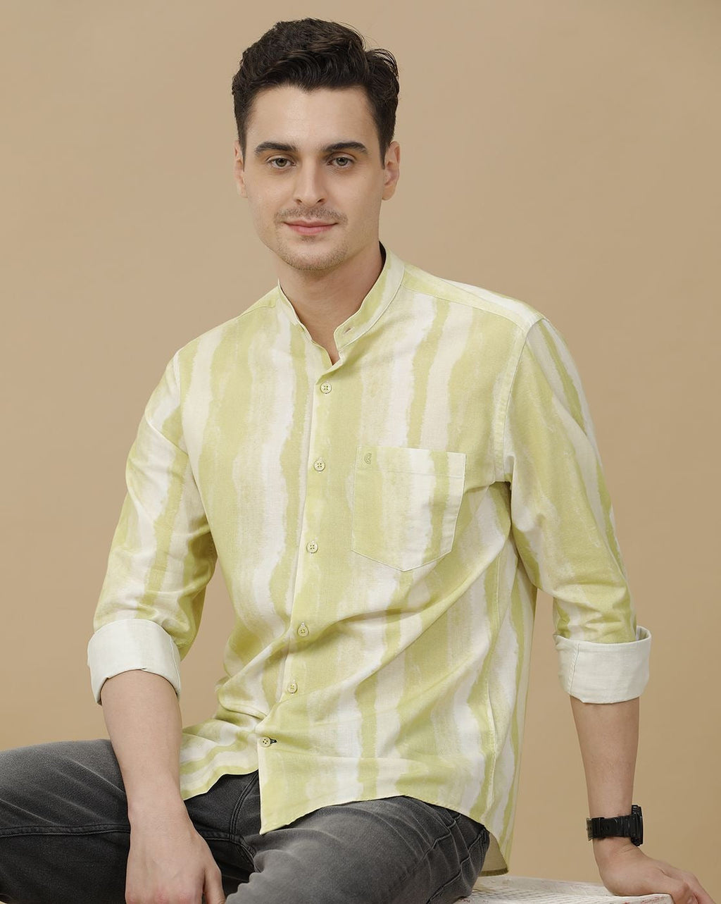 Cartivo™ Men's Pistachio Green Tie-Dye Mandarin Collar Casual Shirt | Premium Printed Full Sleeve Cotton Blend Regular Fit Shirt