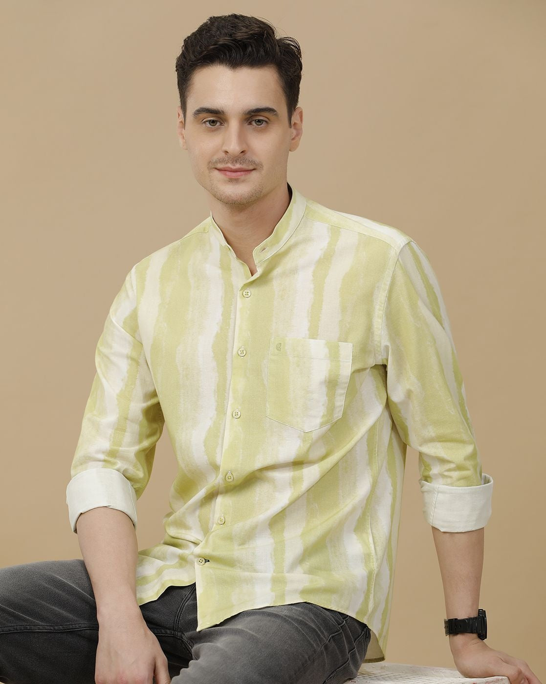 Cartivo™ Men's Pistachio Green Tie-Dye Mandarin Collar Casual Shirt | Premium Printed Full Sleeve Cotton Blend Regular Fit Shirt