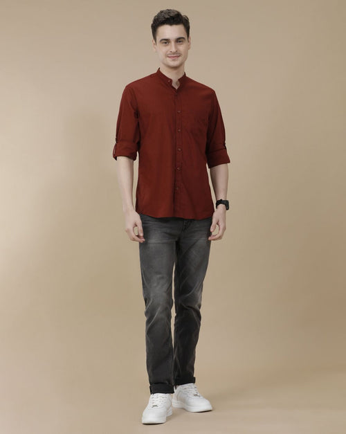 Cartivo™ Men's Maroon Mandarin Collar Casual Shirt | Premium Solid Full Sleeve Cotton Blend Shirt