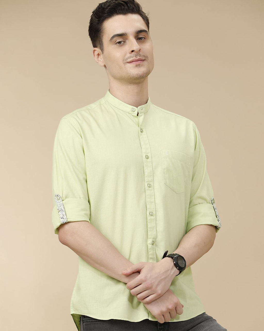 Cartivo™ Men's Pistachio Green Mandarin Collar Casual Shirt | Premium Solid Full Sleeve Cotton Blend Shirt