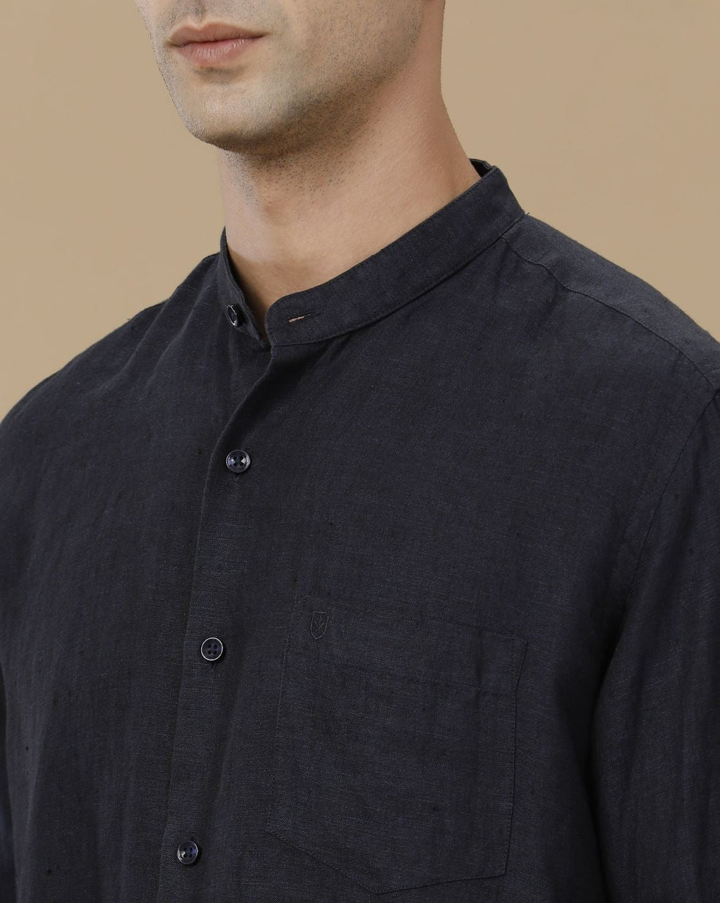 Cartivo™ Men's Navy Blue Mandarin Collar Casual Shirt | Premium Solid Full Sleeve Linen Blend Regular Fit Shirt