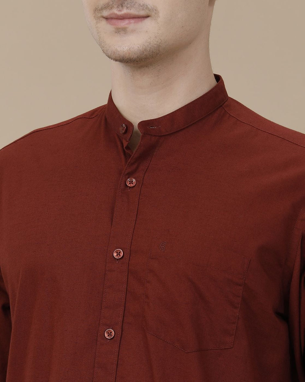 Cartivo™ Men's Maroon Mandarin Collar Casual Shirt | Premium Solid Full Sleeve Cotton Blend Shirt