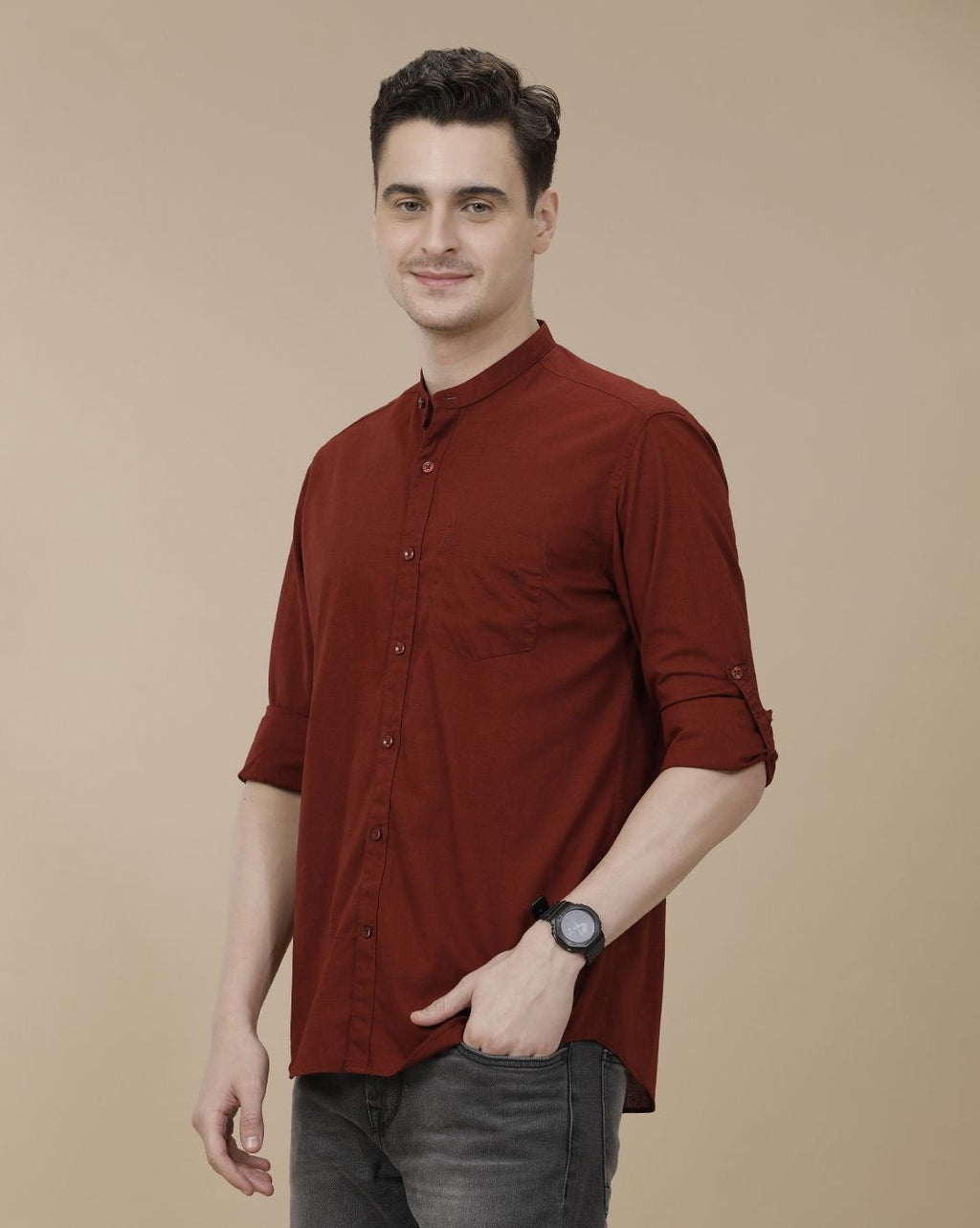 Cartivo™ Men's Maroon Mandarin Collar Casual Shirt | Premium Solid Full Sleeve Cotton Blend Shirt