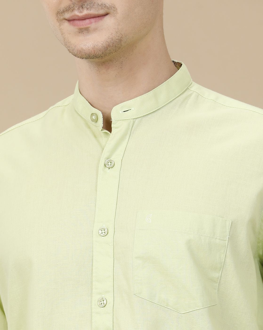 Cartivo™ Men's Pistachio Green Mandarin Collar Casual Shirt | Premium Solid Full Sleeve Cotton Blend Shirt
