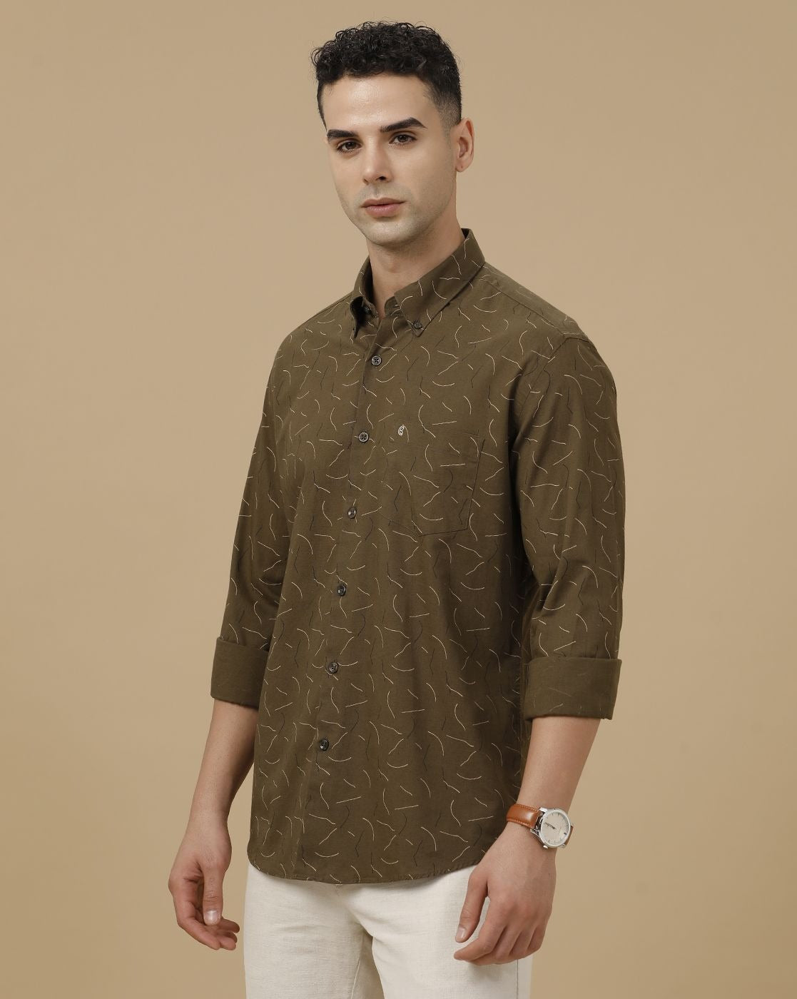 Cartivo™ Men's Olive Green Printed Casual Shirt | Premium Full Sleeve Regular Fit Cotton Blend Shirt