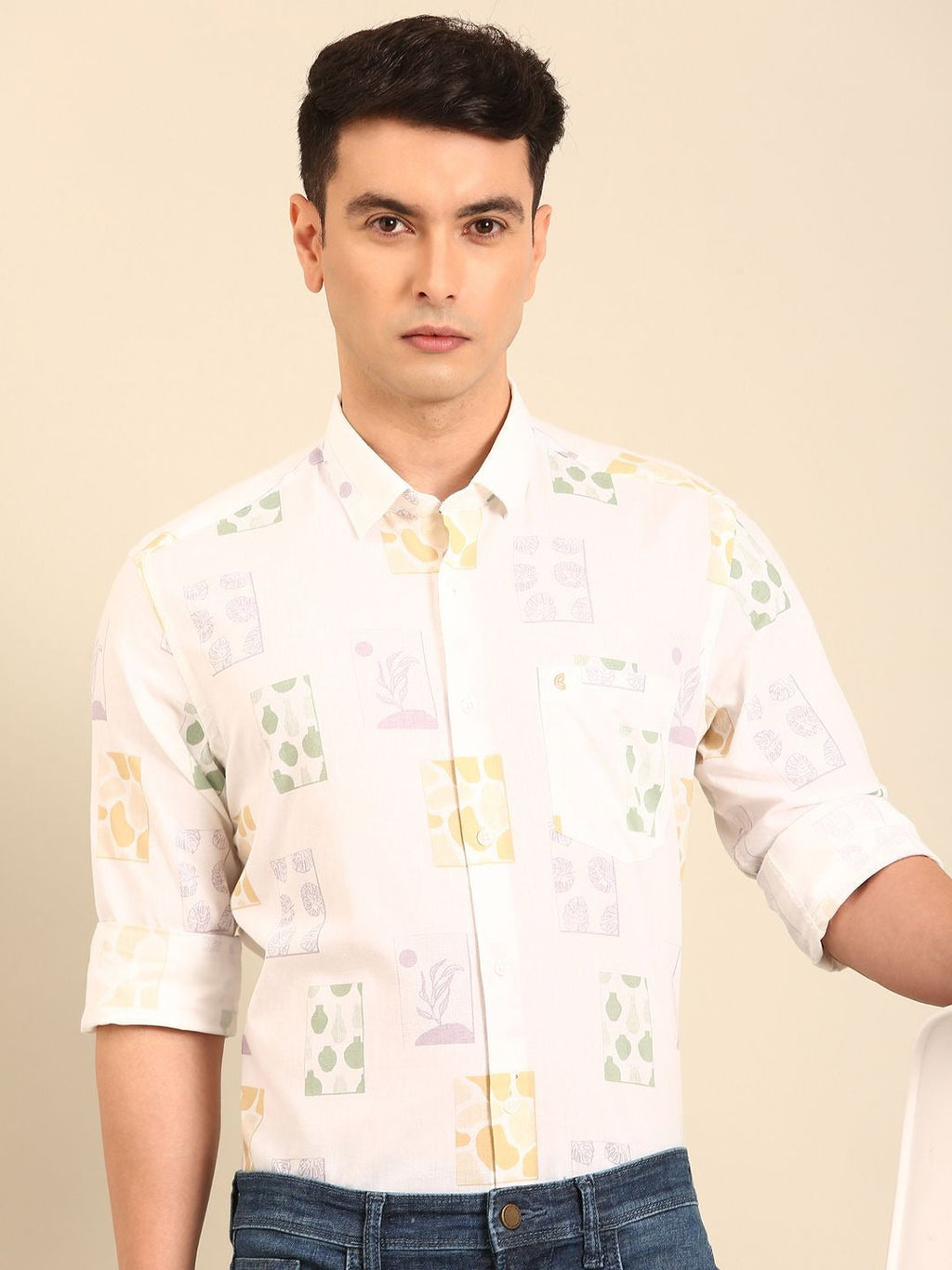 Cartivo™ Men's White Abstract Printed Casual Shirt | Premium Full Sleeve Regular Fit Cotton Blend Shirt