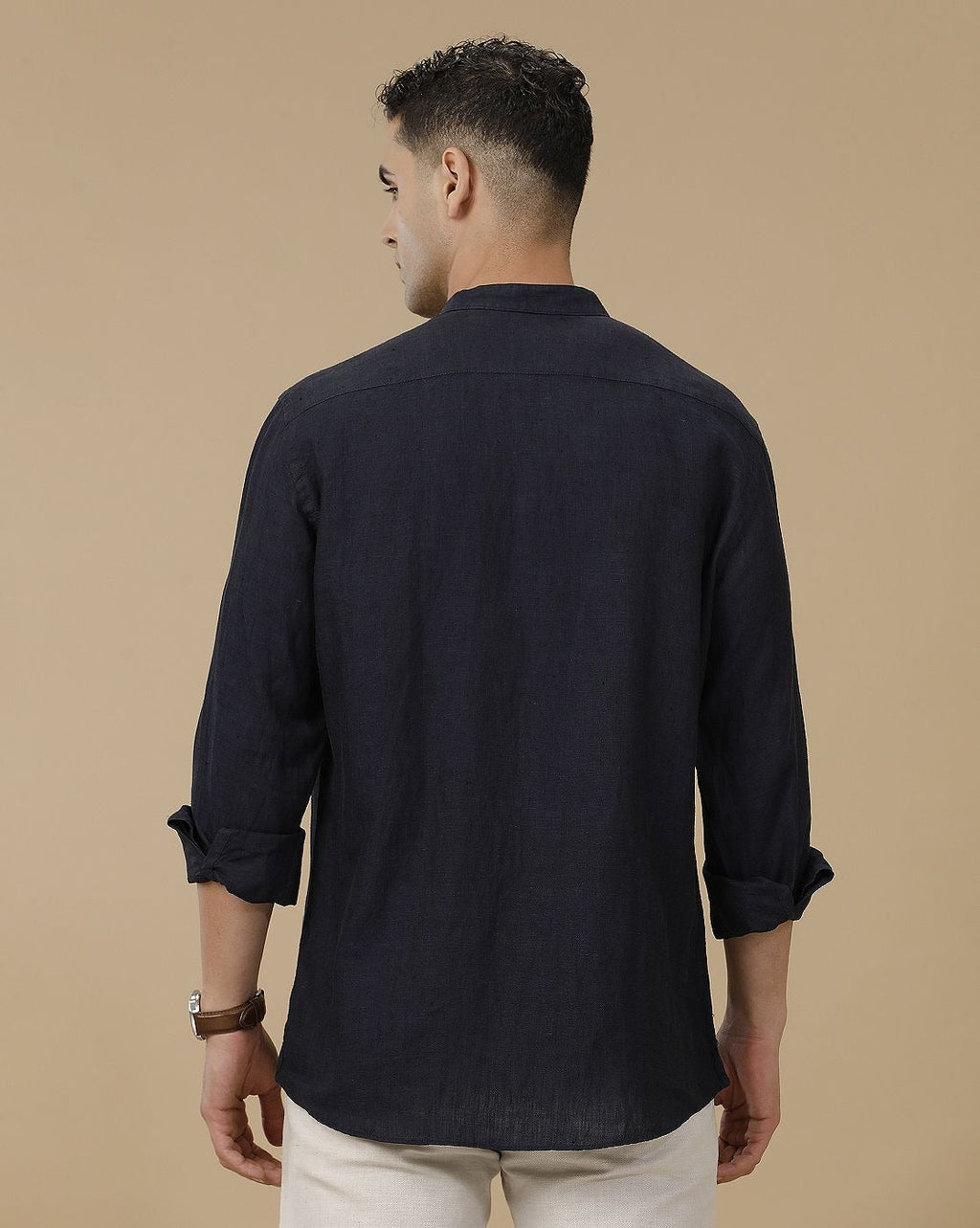 Cartivo™ Men's Navy Blue Mandarin Collar Casual Shirt | Premium Solid Full Sleeve Linen Blend Regular Fit Shirt