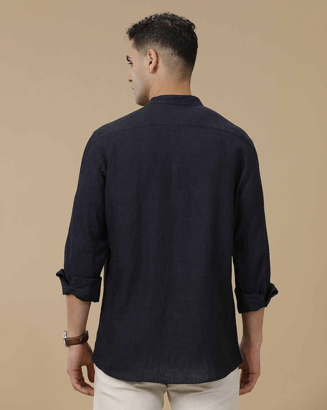 Cartivo™ Men's Navy Blue Mandarin Collar Casual Shirt | Premium Solid Full Sleeve Linen Blend Regular Fit Shirt