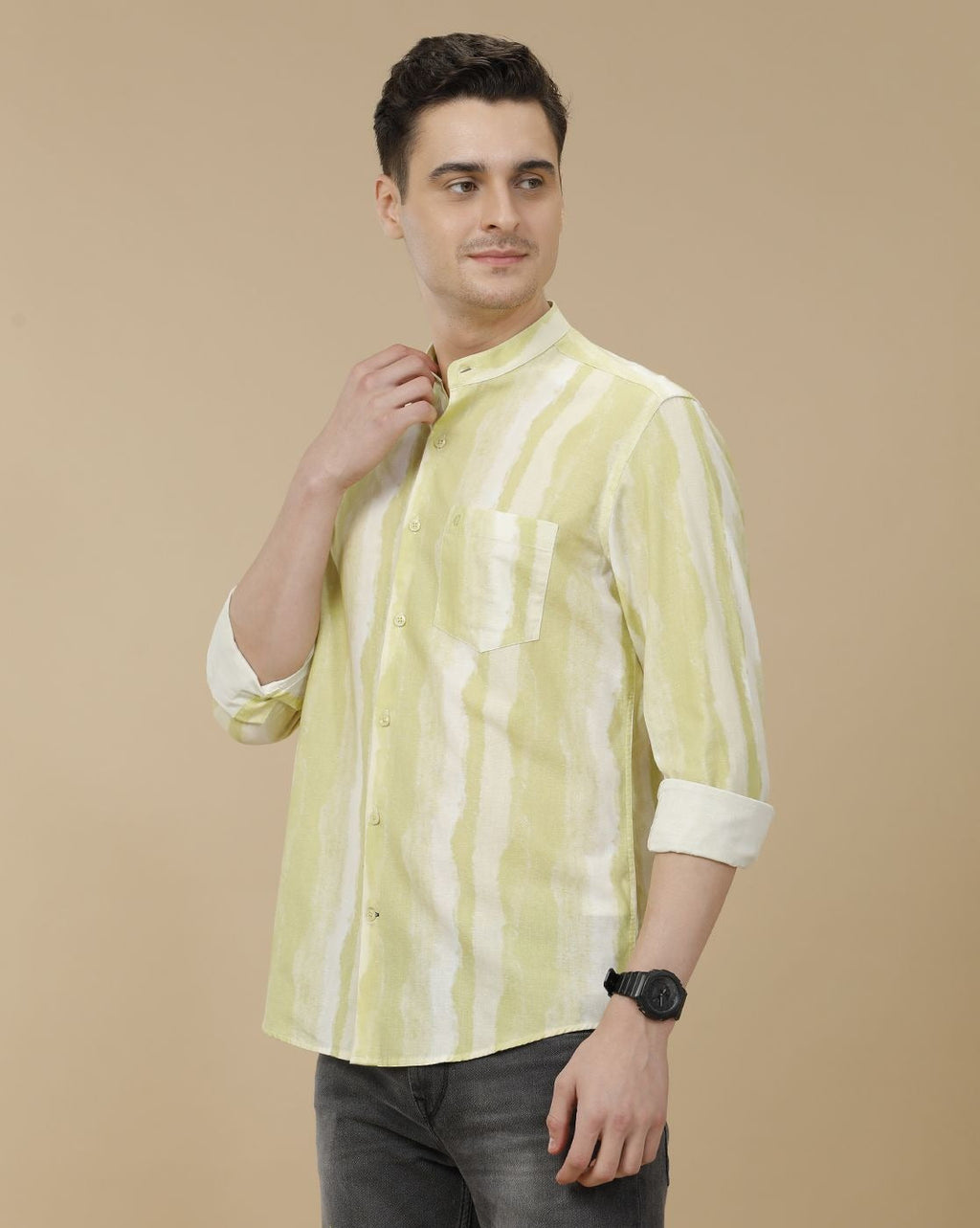 Cartivo™ Men's Pistachio Green Tie-Dye Mandarin Collar Casual Shirt | Premium Printed Full Sleeve Cotton Blend Regular Fit Shirt