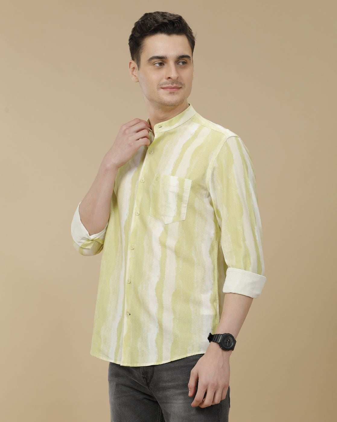 Cartivo™ Men's Pistachio Green Tie-Dye Mandarin Collar Casual Shirt | Premium Printed Full Sleeve Cotton Blend Regular Fit Shirt