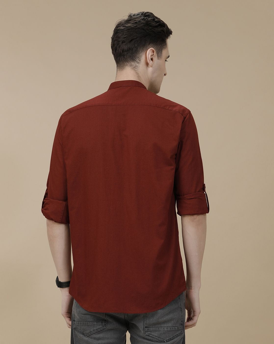 Cartivo™ Men's Maroon Mandarin Collar Casual Shirt | Premium Solid Full Sleeve Cotton Blend Shirt