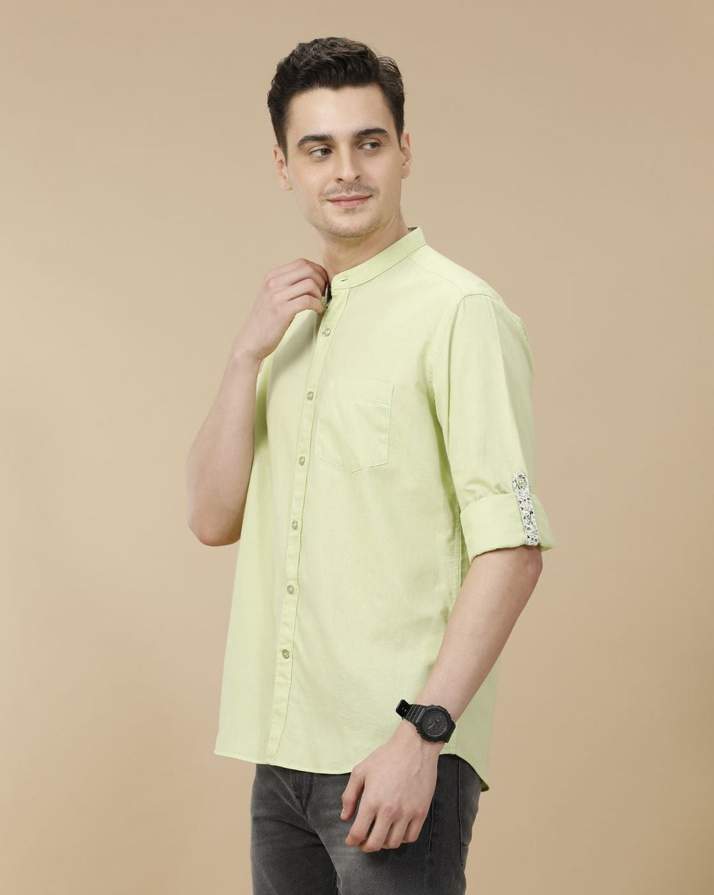 Cartivo™ Men's Pistachio Green Mandarin Collar Casual Shirt | Premium Solid Full Sleeve Cotton Blend Shirt