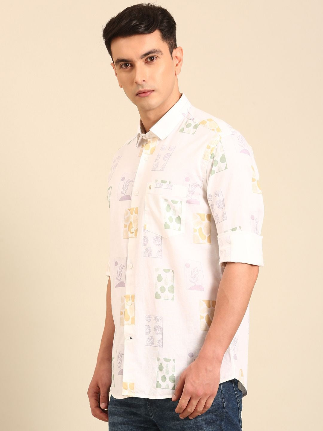 Cartivo™ Men's White Abstract Printed Casual Shirt | Premium Full Sleeve Regular Fit Cotton Blend Shirt