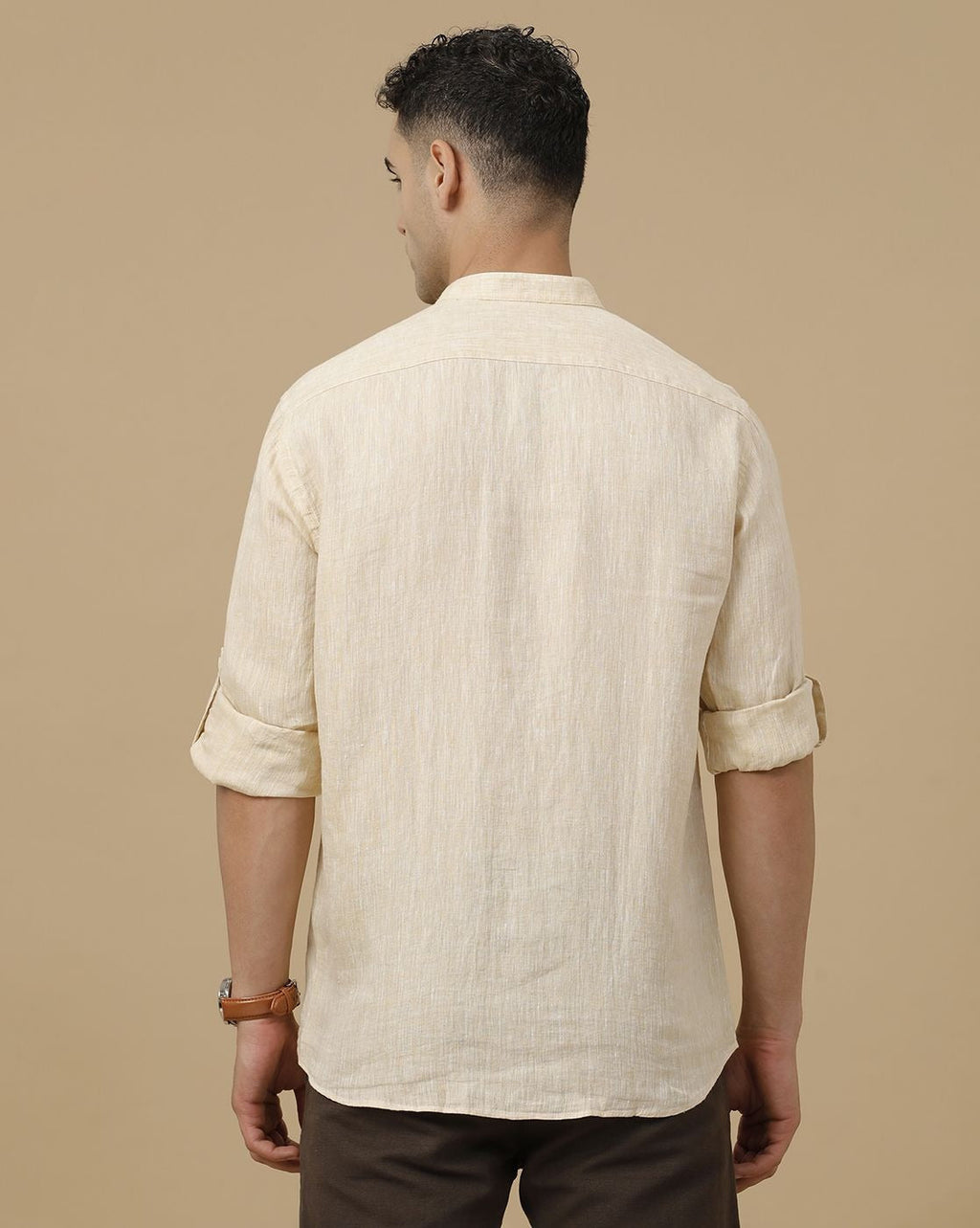 Cartivo™ Men's Beige Mandarin Collar Casual Shirt | Premium Solid Full Sleeve Linen Blend Regular Fit Shirt