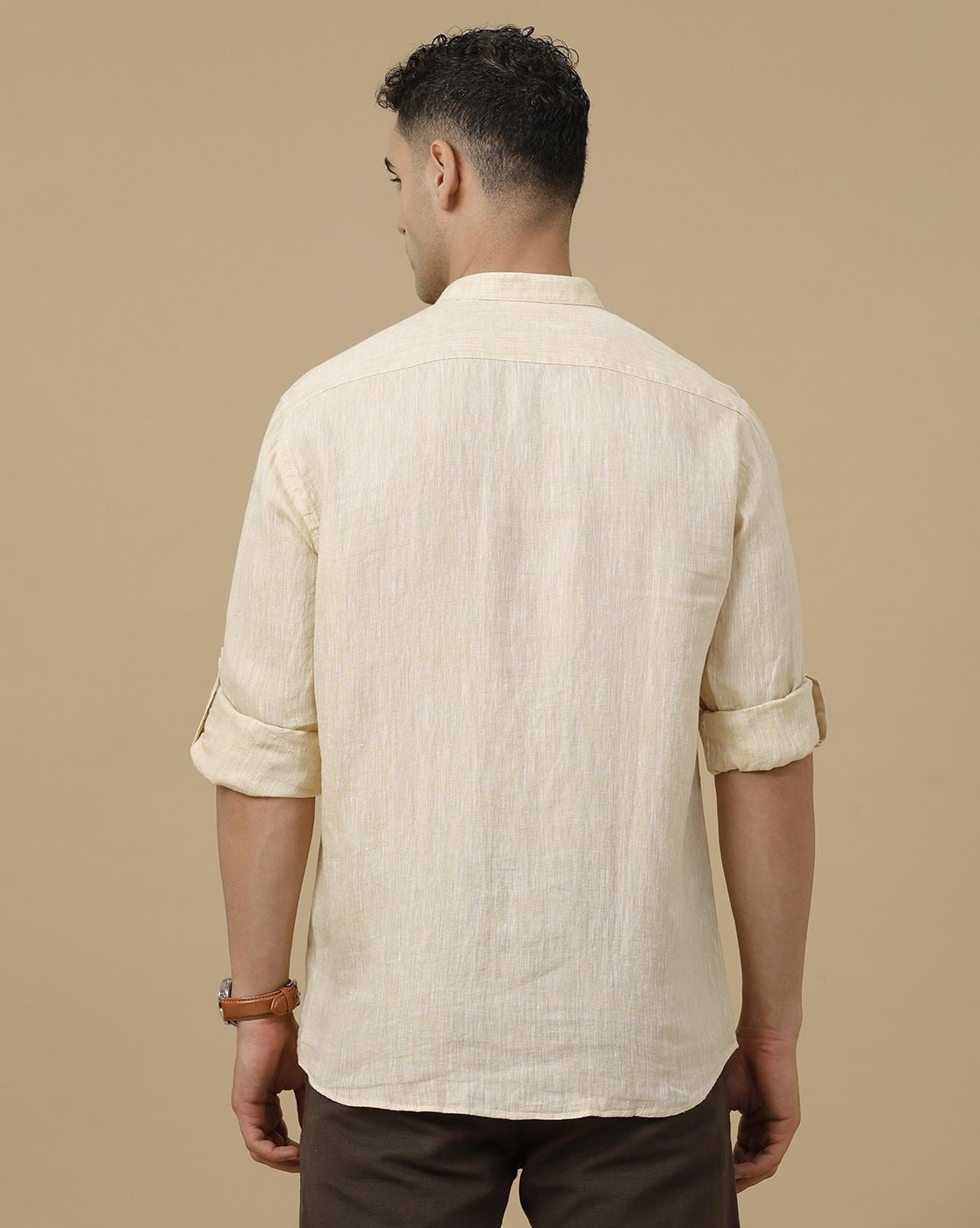 Cartivo™ Men's Beige Mandarin Collar Casual Shirt | Premium Solid Full Sleeve Linen Blend Regular Fit Shirt
